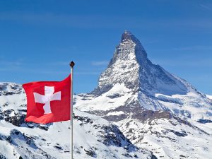 Matterhorn with flag of switzerland